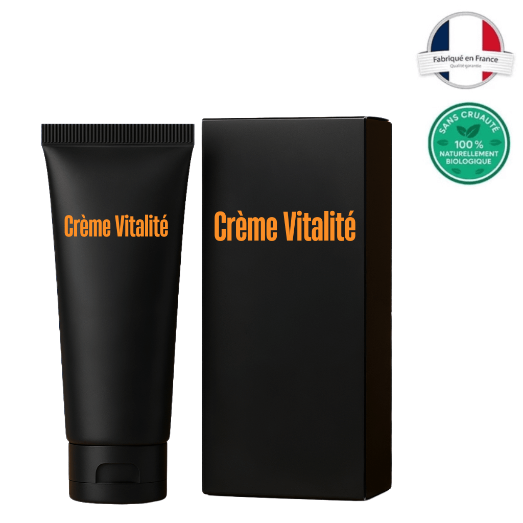 Crème Vitalité tube et boîte, crème cosmétique fabriquée en France pour des soins quotidiens.