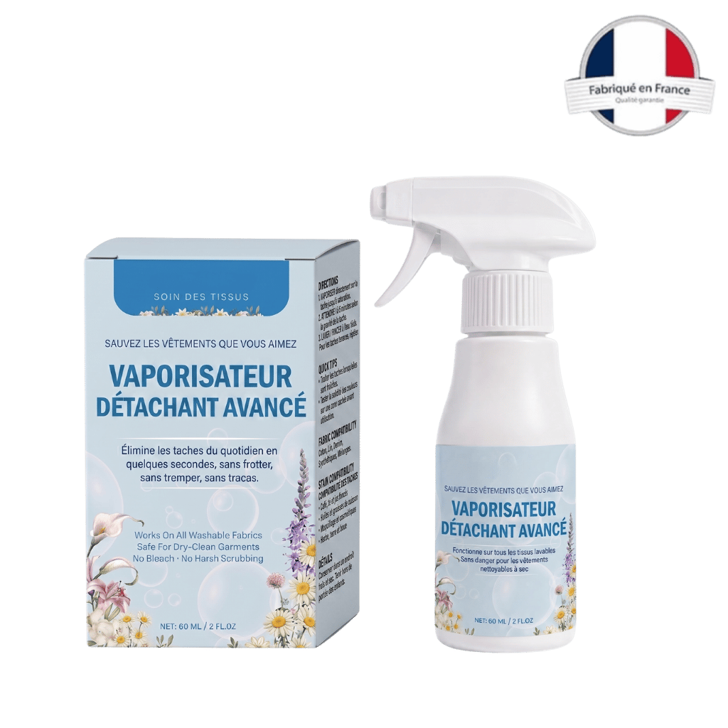Spray émulsifiant pour linge avancé non ionique, bouteille et emballage sur fond blanc, détachant efficace pour tissus.