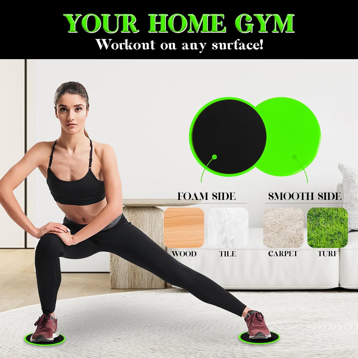 Autera GlideCore™ disks for home gym workouts on any surface, showing foam and smooth sides.