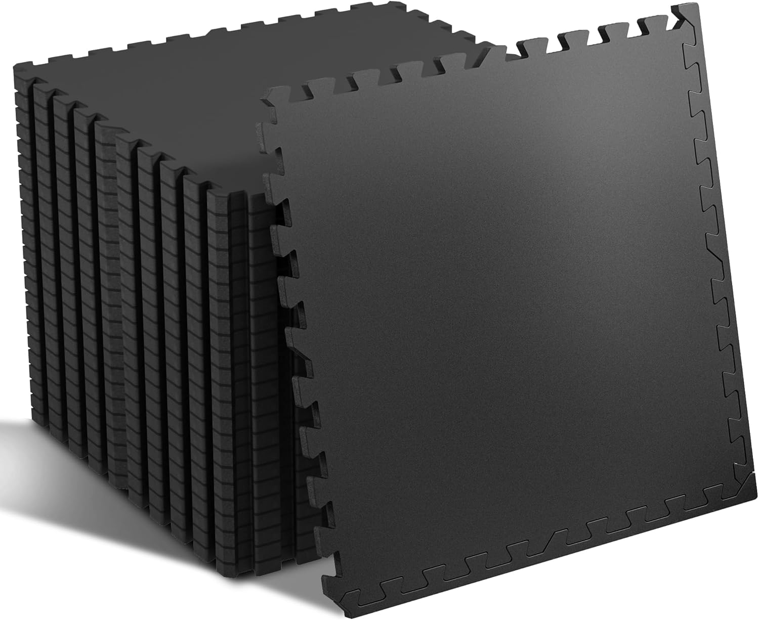 Set of interlocking black rubber mats for gym or exercise flooring, durable and easy to assemble.