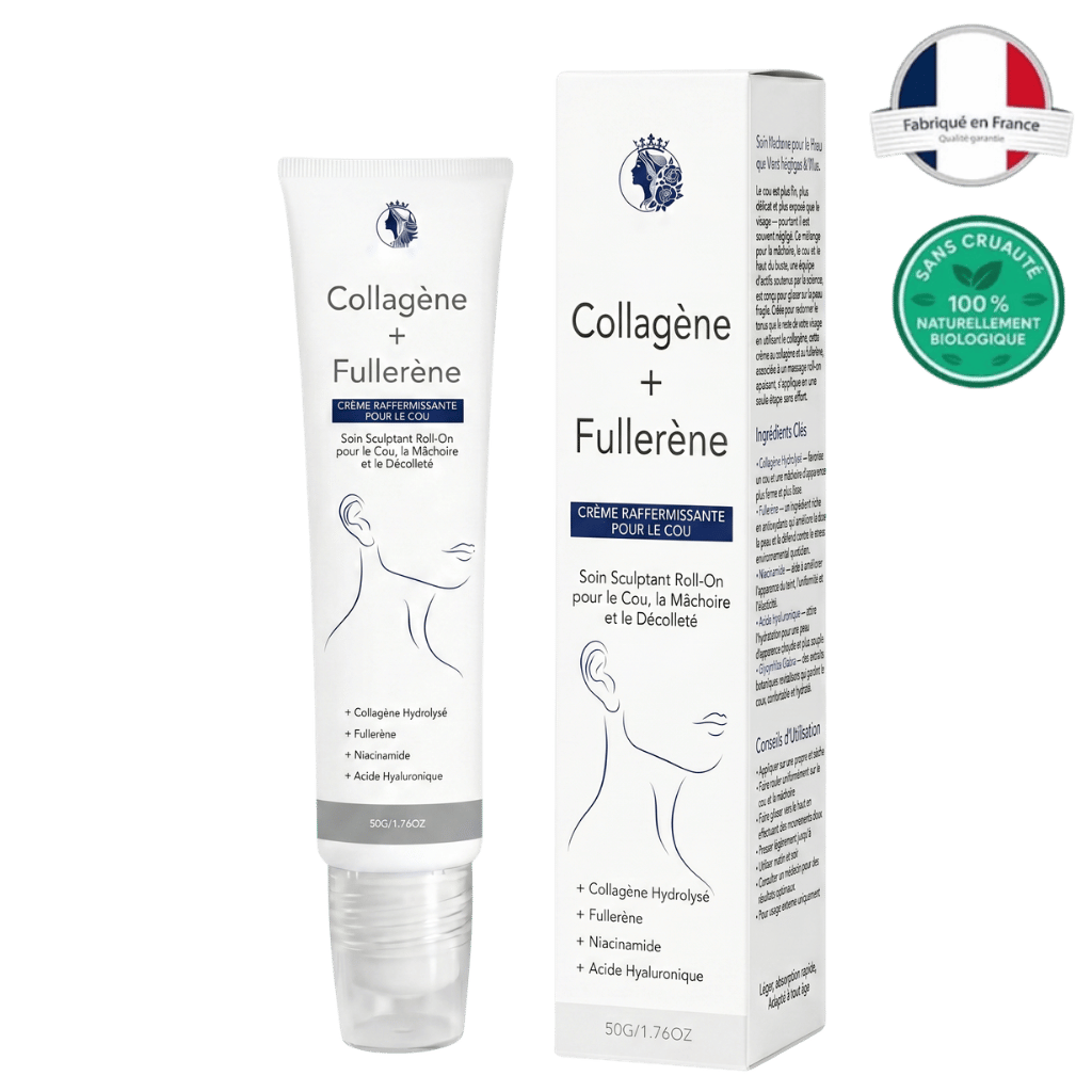 Crème Raffermissante de Luxe pour le Cou, tube et boîte, soin pour un cou ferme et hydraté, fabriqué en France.