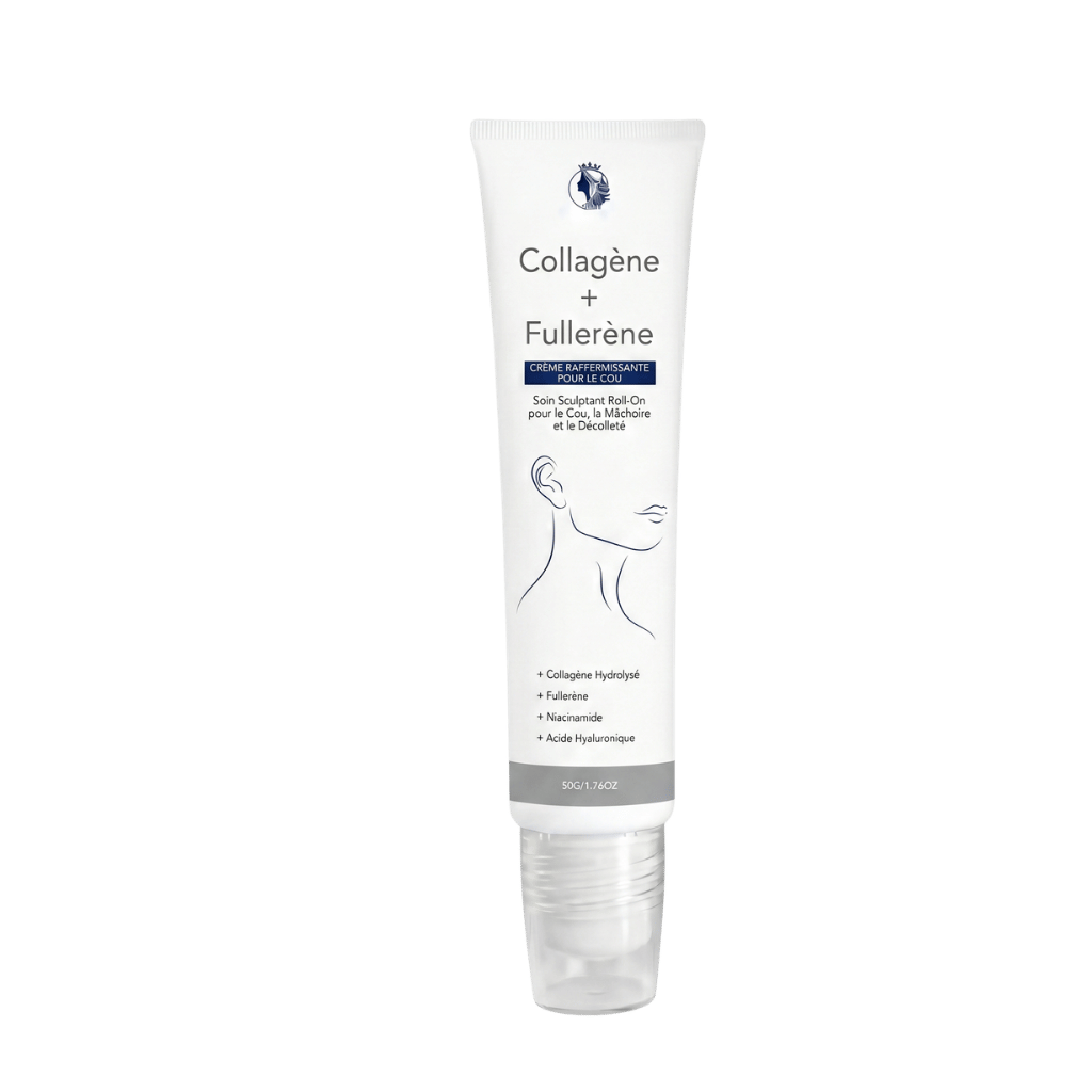Crème Raffermissante de Luxe pour le Cou présentée dans un tube avec ingrédients bénéfiques pour la peau.