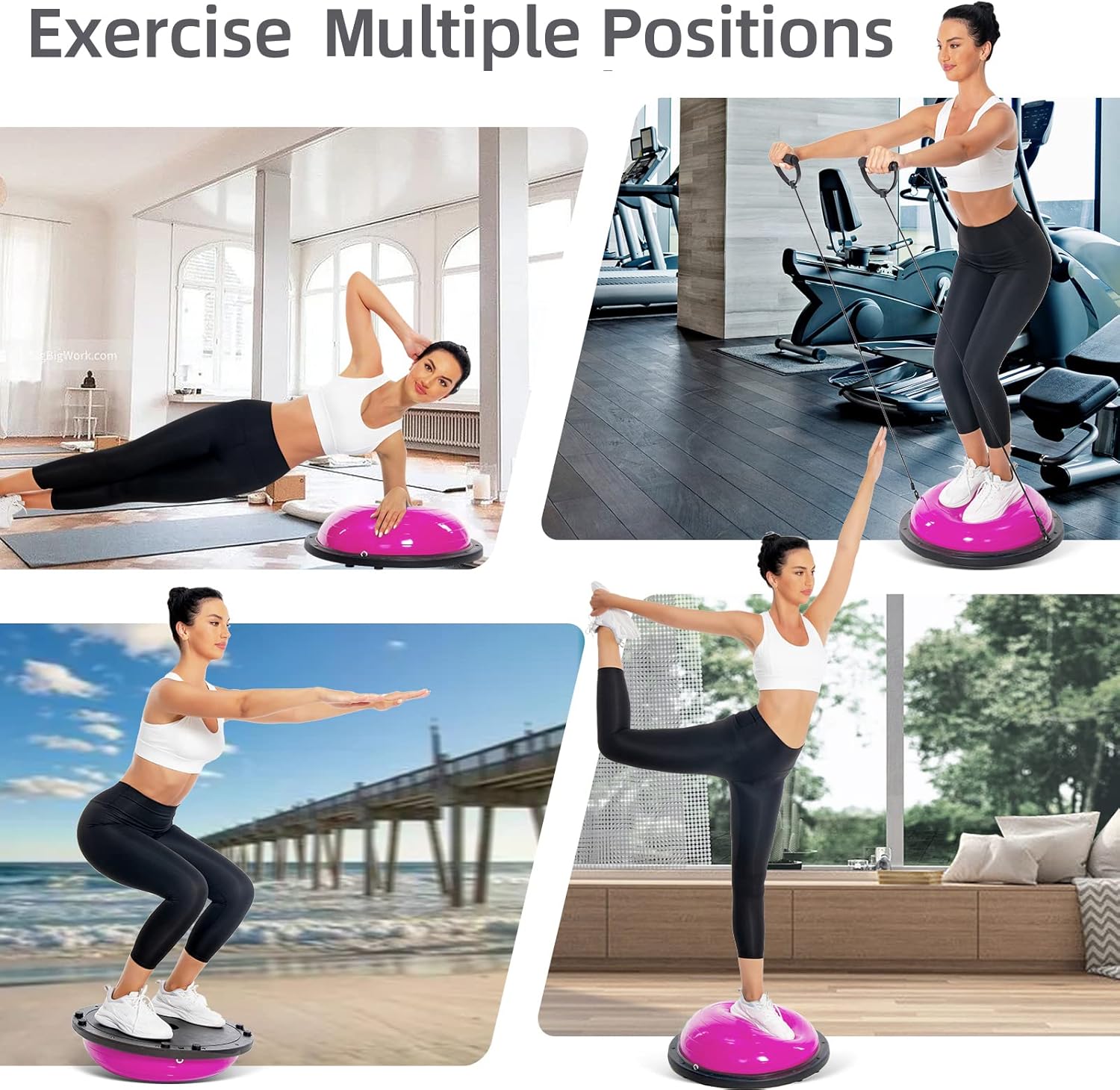 Exercices avec une plateforme multifonctionnelle dans différentes positions pour le fitness.