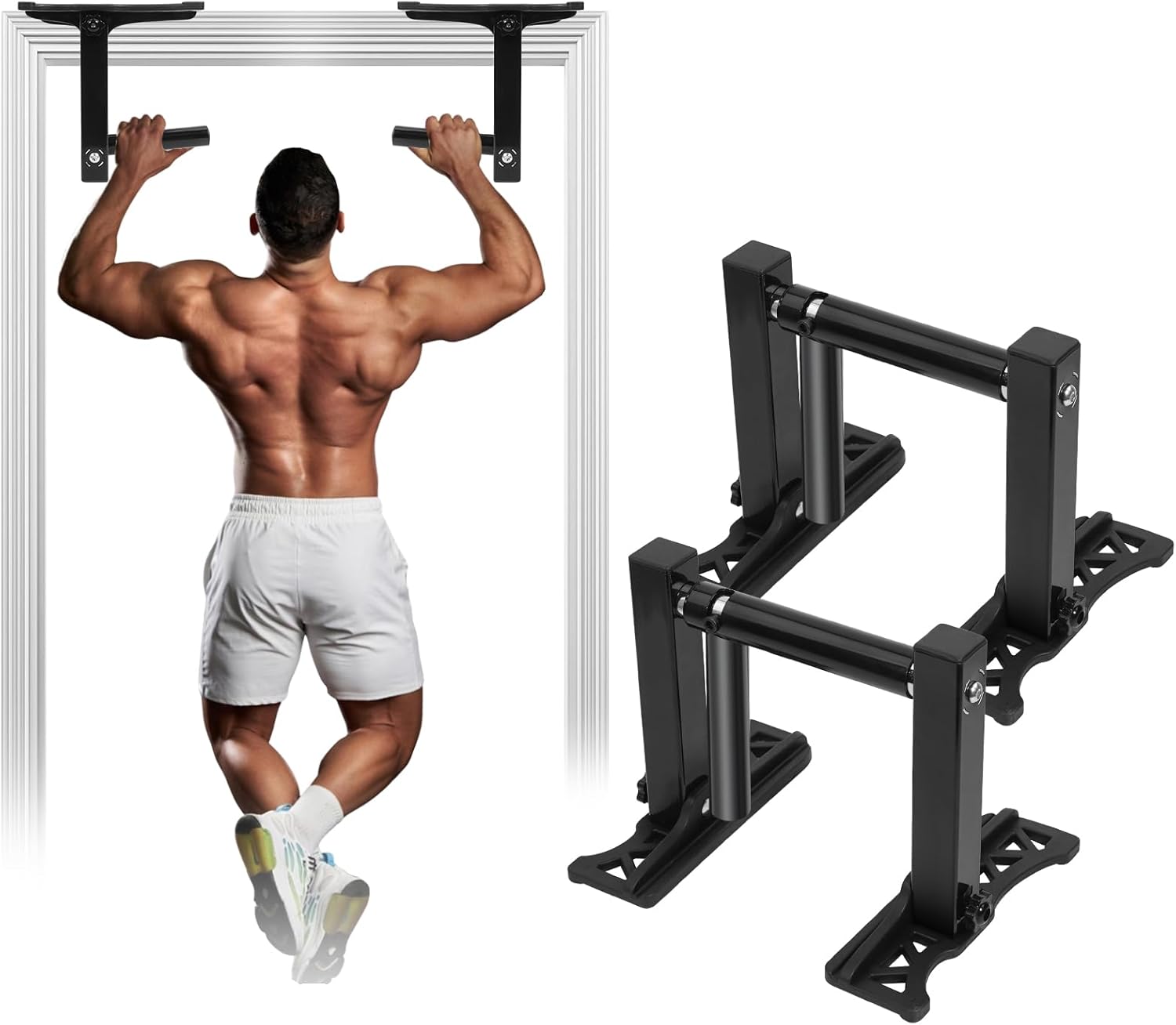 Homme utilisant l'Autera DoorFit pour des tractions à domicile, montrant sa solidité et sa facilité d'installation.