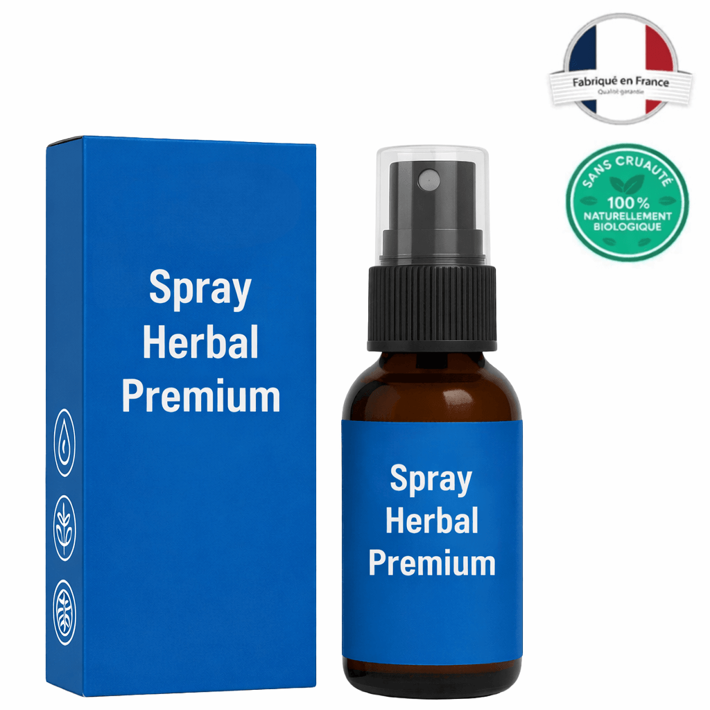 Spray Herbal Premium dans un flacon brun avec une boîte bleue, produit cosmétique léger pour embellir la peau.