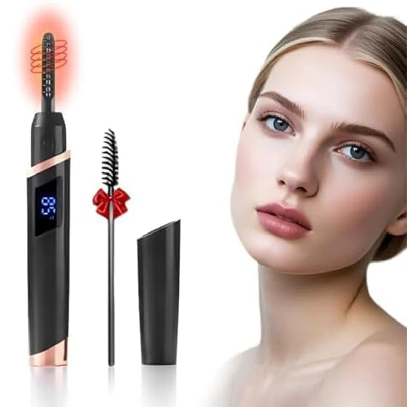 Autera LashLift Pro heated eyelash curler with soft brush and display next to a model's face for perfect curling.