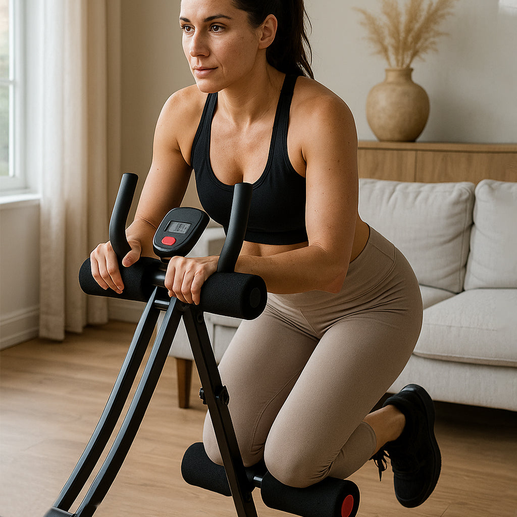 Woman using Autera CorpsActif abdominal trainer in a cozy home setting for effective workouts.