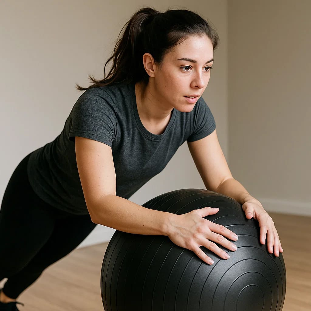 Woman practicing stability exercises with Autera PostuBalle stability ball in a modern indoor setting.