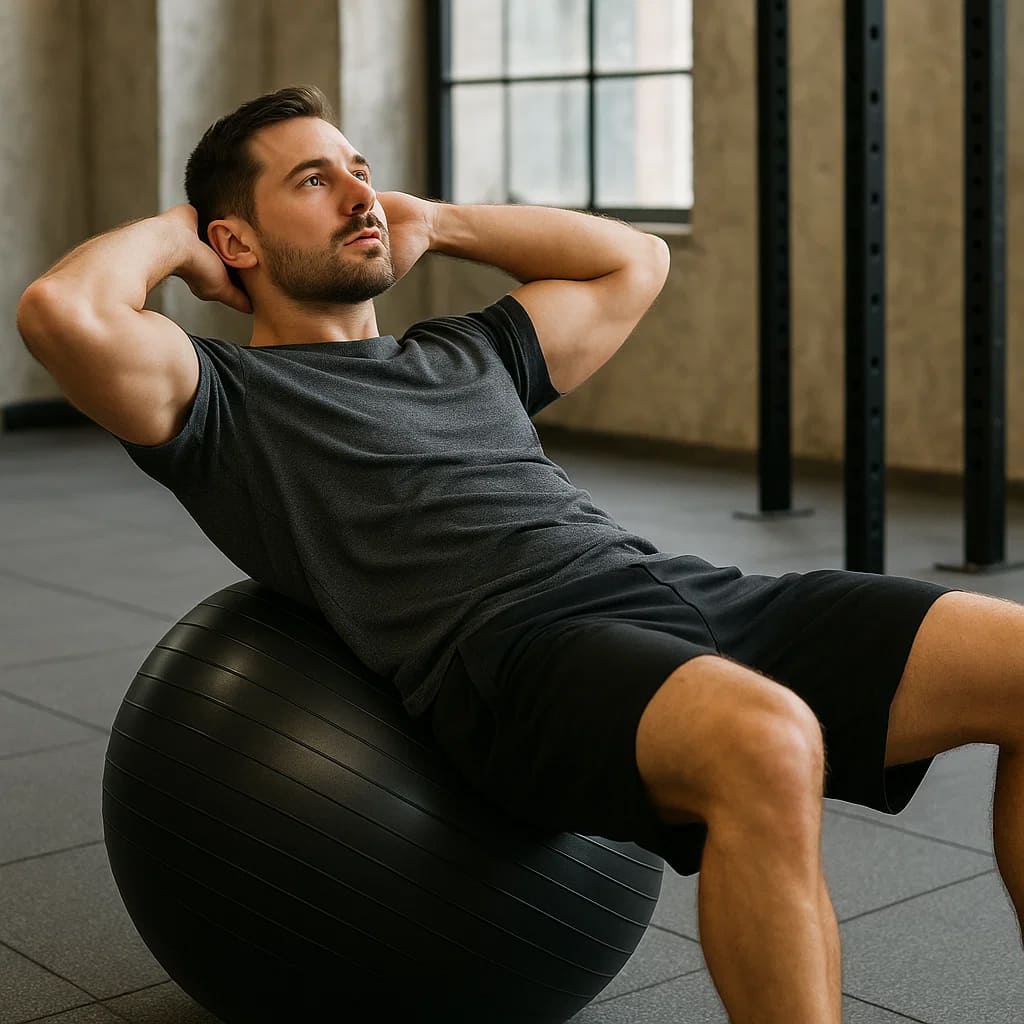 Man exercising on an Autera PostuBalle stability ball for core strength and improved posture.