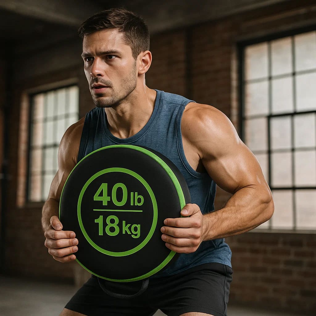 Muscular man training with Autera CorePoids 40 lb weight in a fitness studio environment.