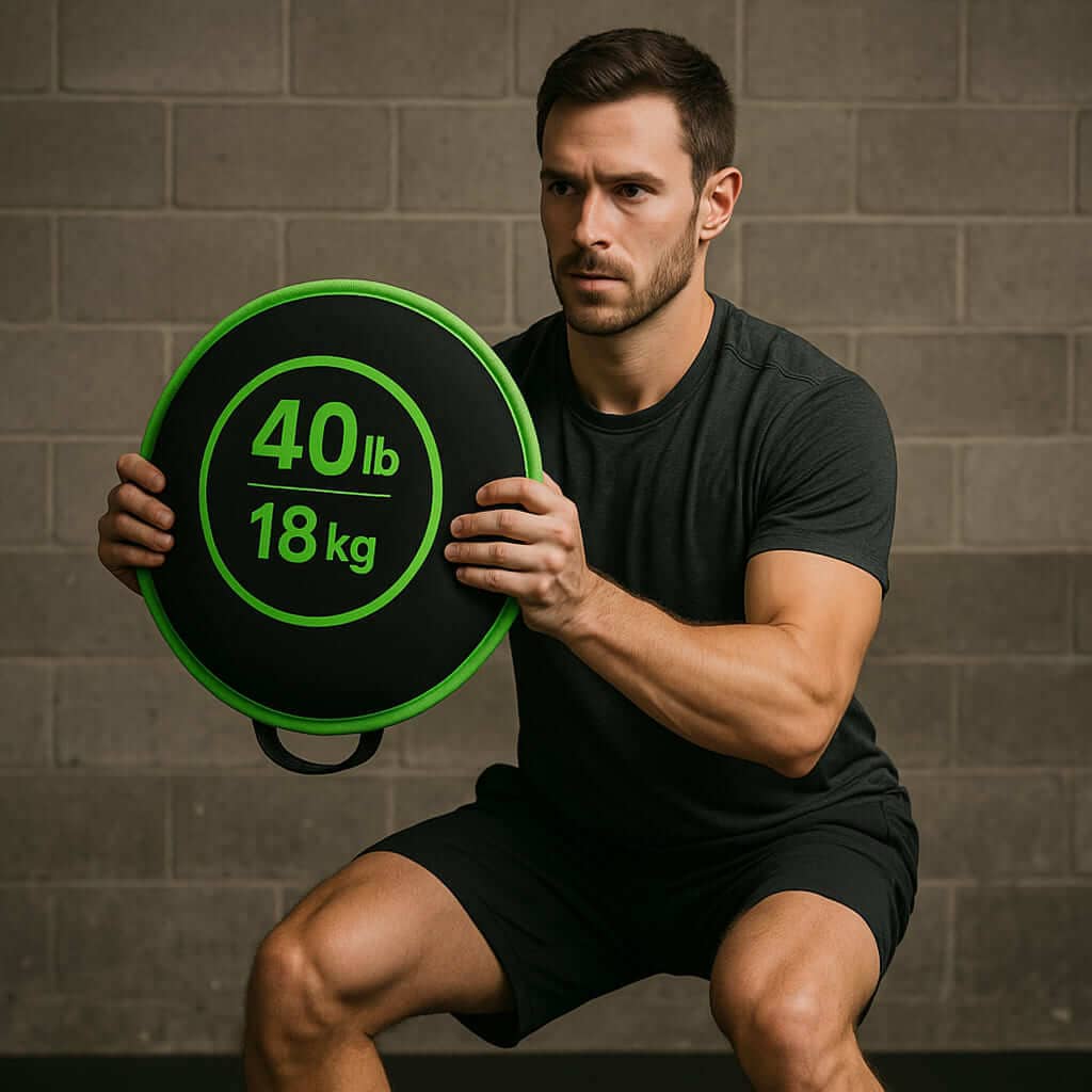 Man performing a squat exercise with Autera CorePoids 40lb dynamic training weight.