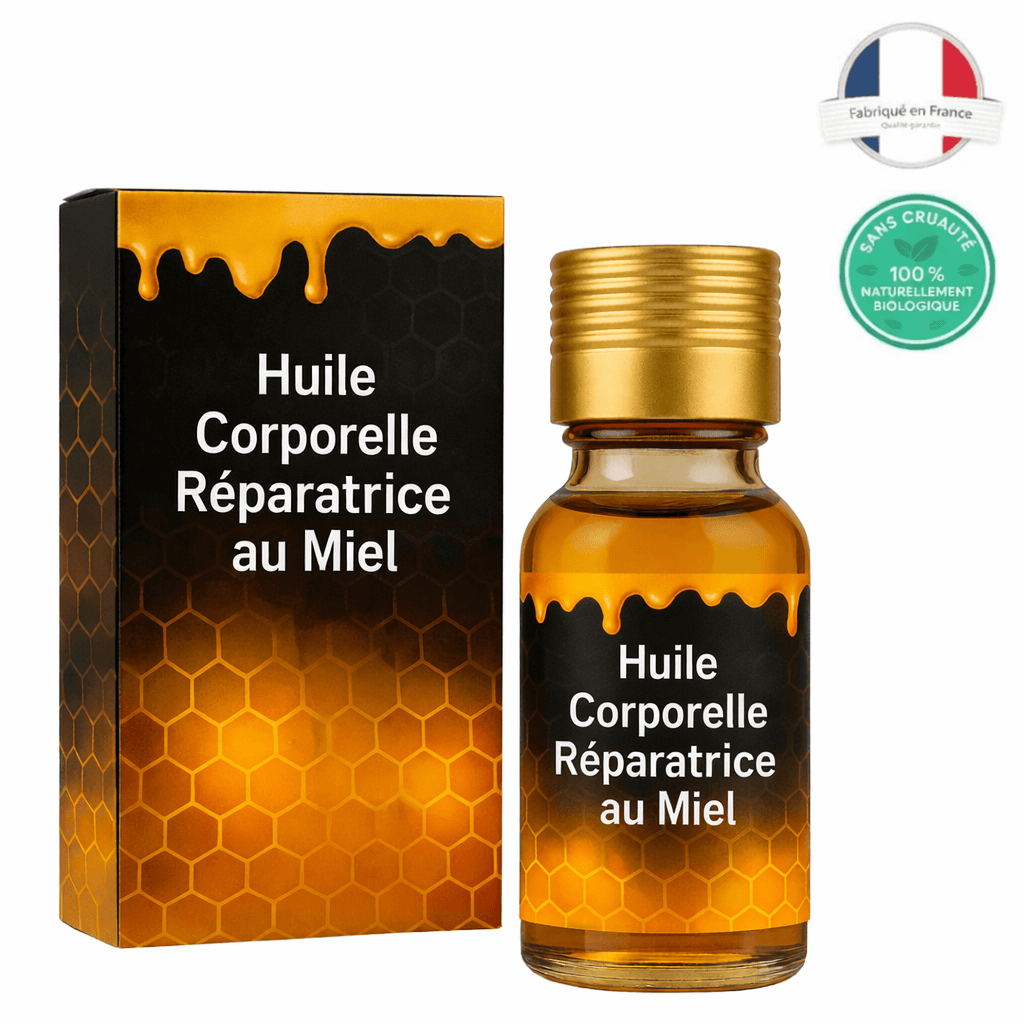Flacon et emballage de l'Huile Corporelle Réparatrice au Miel, soin botanique pour peau douce et nourrie.