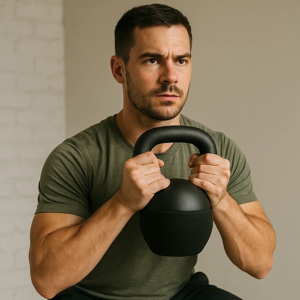 Man exercising with Autera BelliForce kettlebell for strength and conditioning workout.