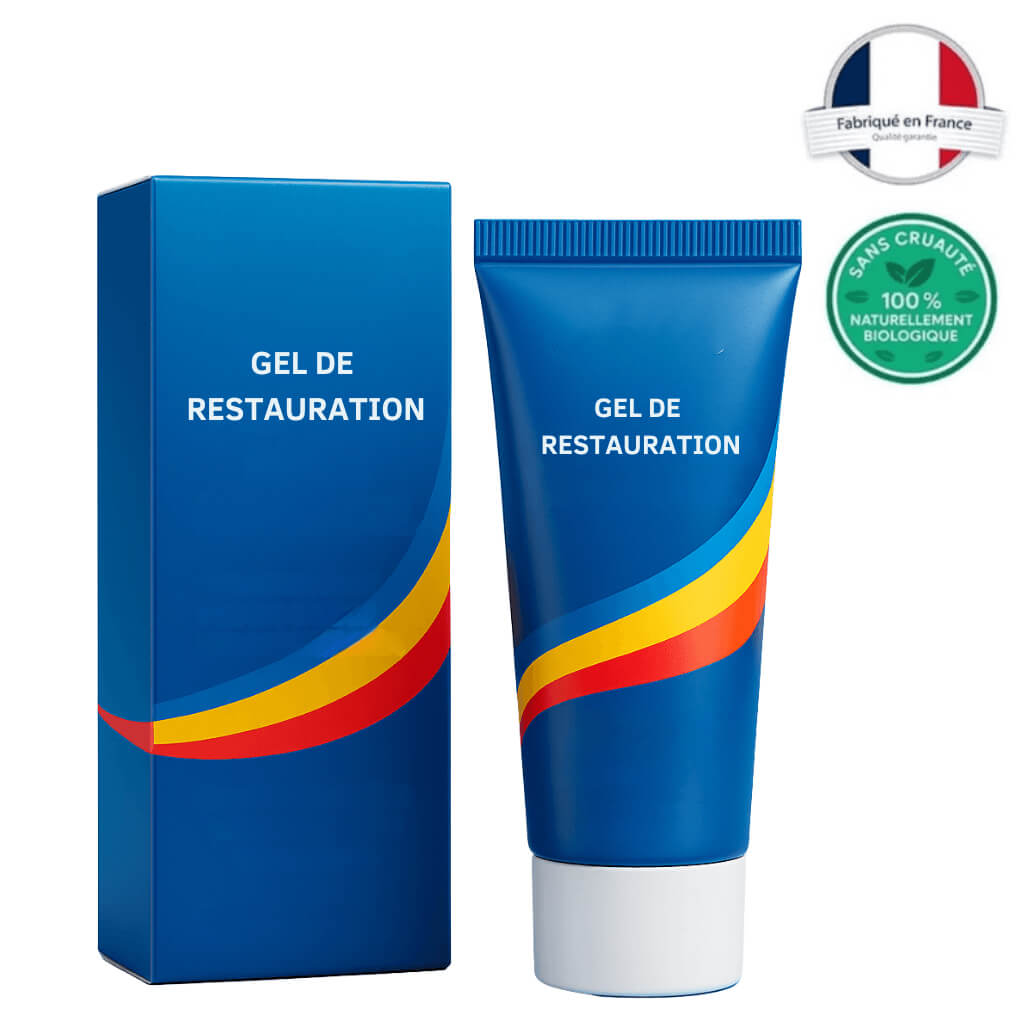 Gel Réparateur Intensif - tube et emballage bleu avec labels bio et fabriqué en France.