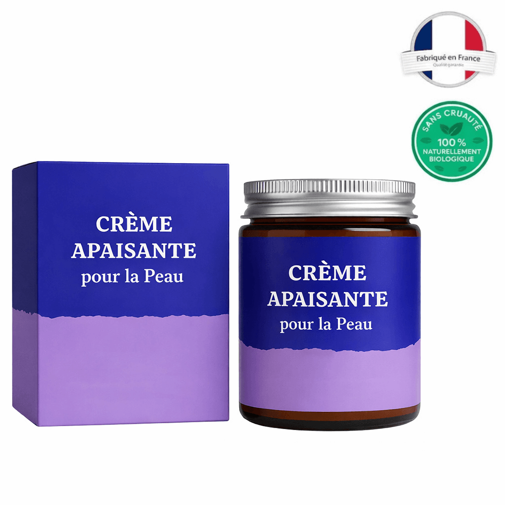 Pot de crème apaisante pour la peau avec emballage, fabriqué en France, 100% naturel.