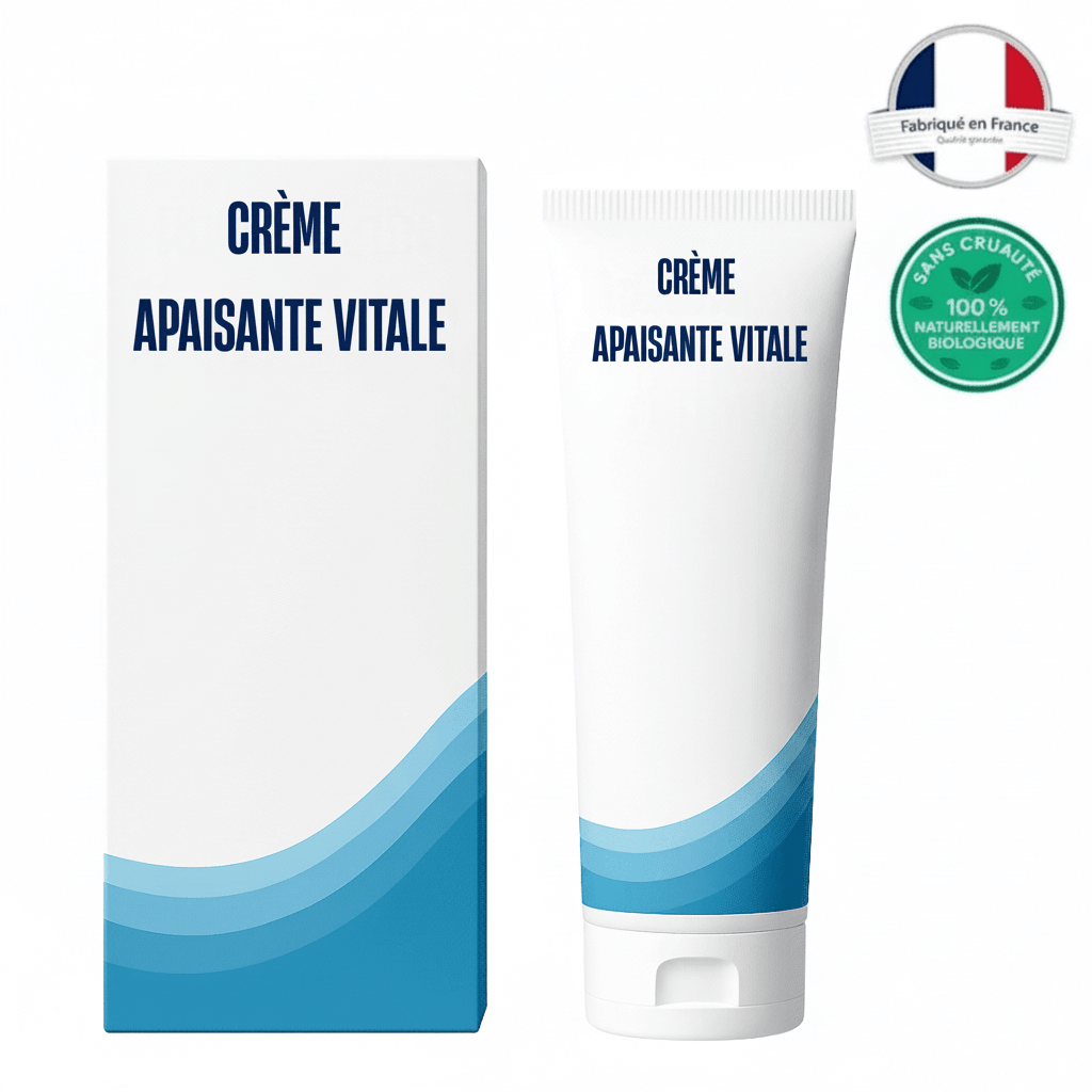 Crème Apaisante Vitalité tube et boîte, soin topique pour une peau douce et lisse, fabriqué en France.