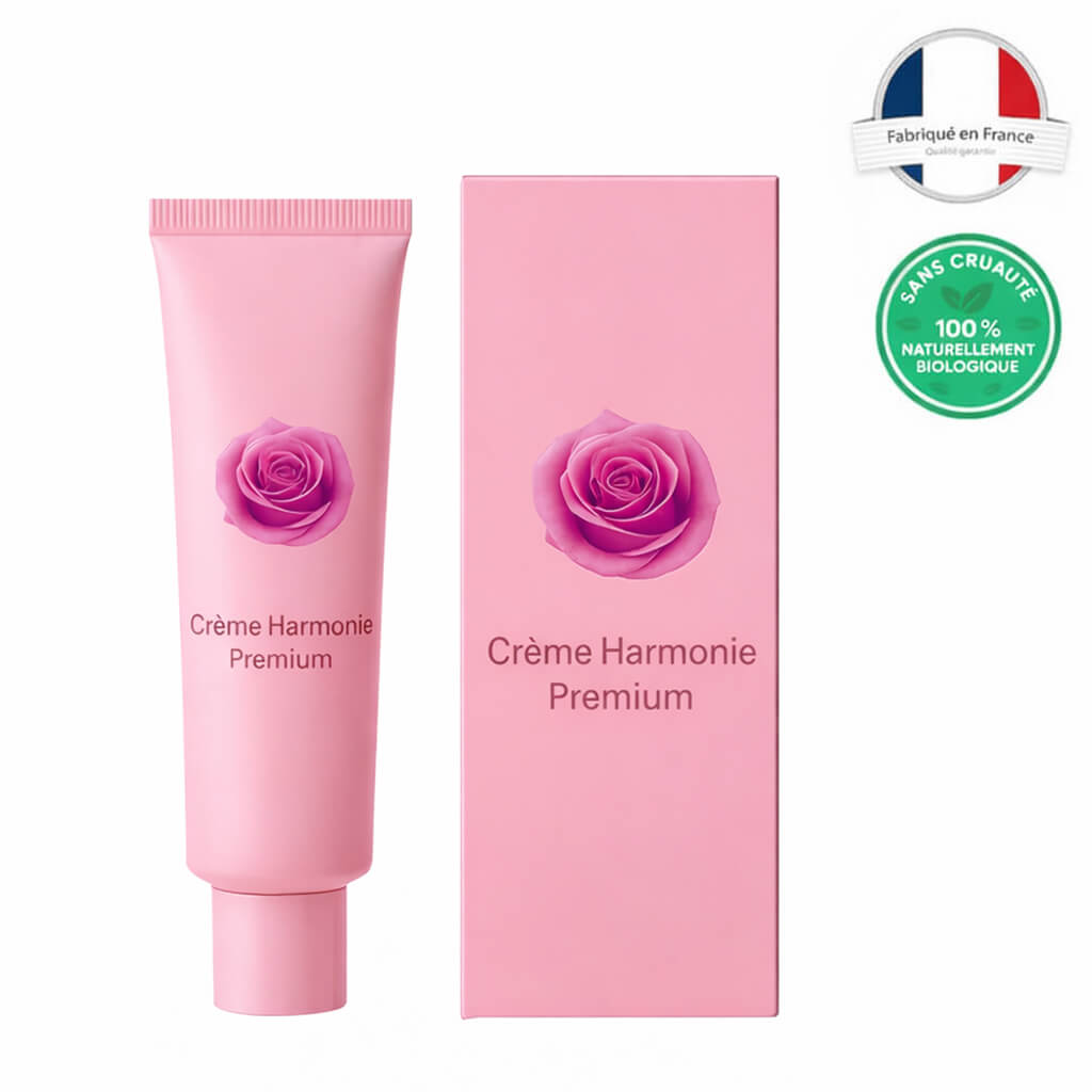 Tube et emballage de Crème Harmonie Premium, soin beauté délicat avec rose, texture légère et naturelle.