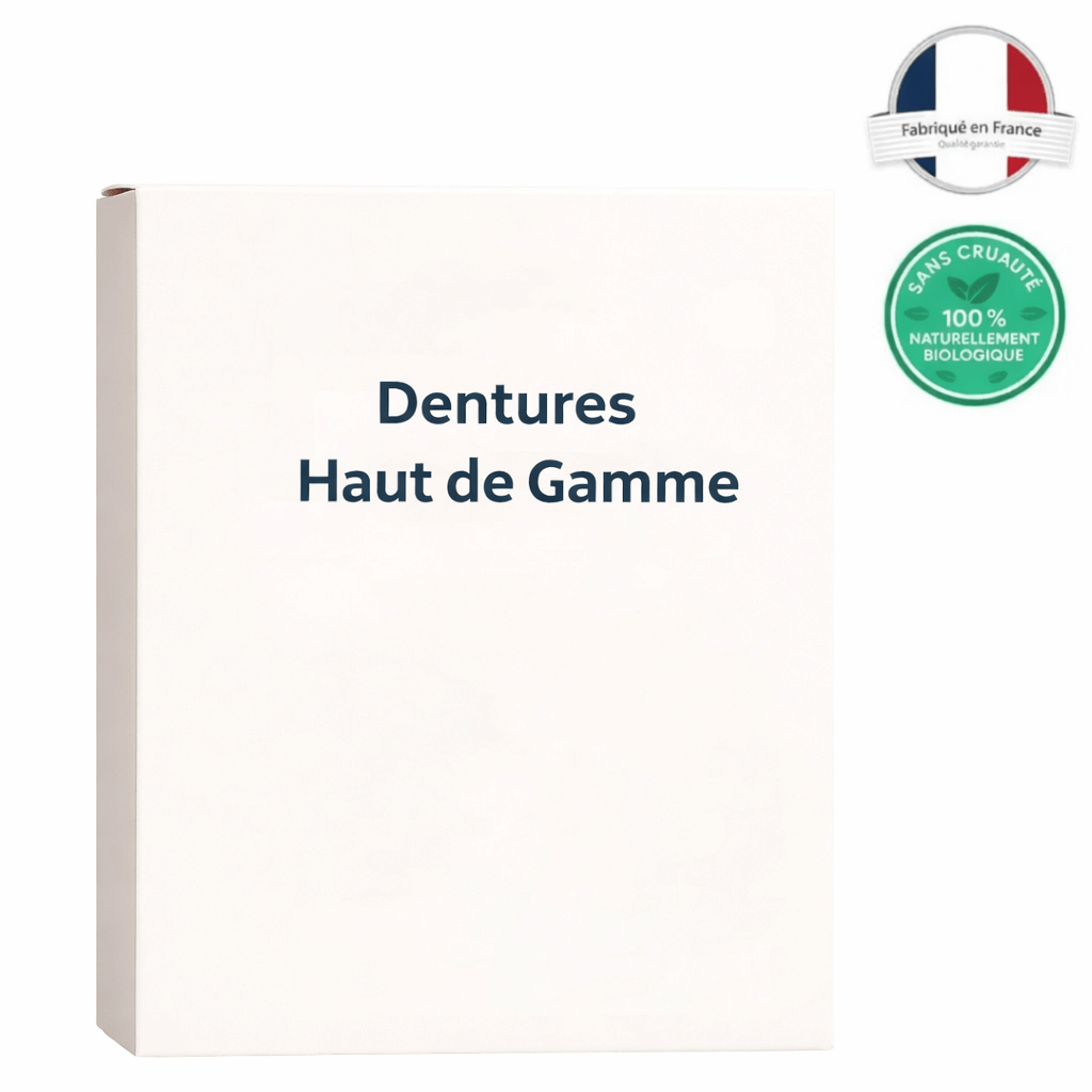 Emballage des Dentures Haut de Gamme, fabriquées en France, 100% naturellement biologiques et sans cruauté.