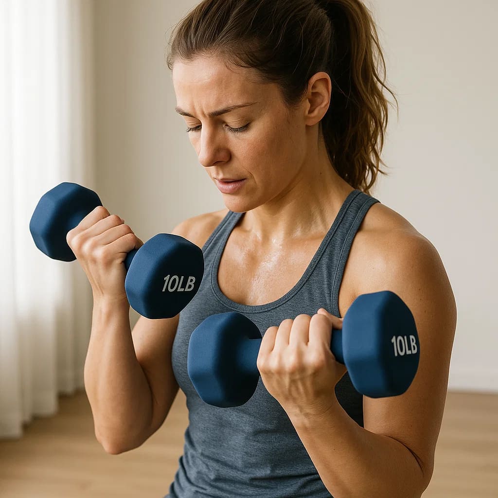Woman exercising with 10LB Autera DuoFit dumbbells, showcasing ergonomic design and comfortable grip.
