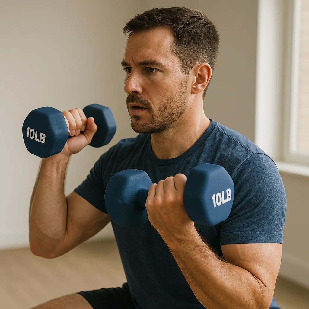 Man exercising with Autera DuoFit™ dumbbells, focusing on strength training in a bright room.