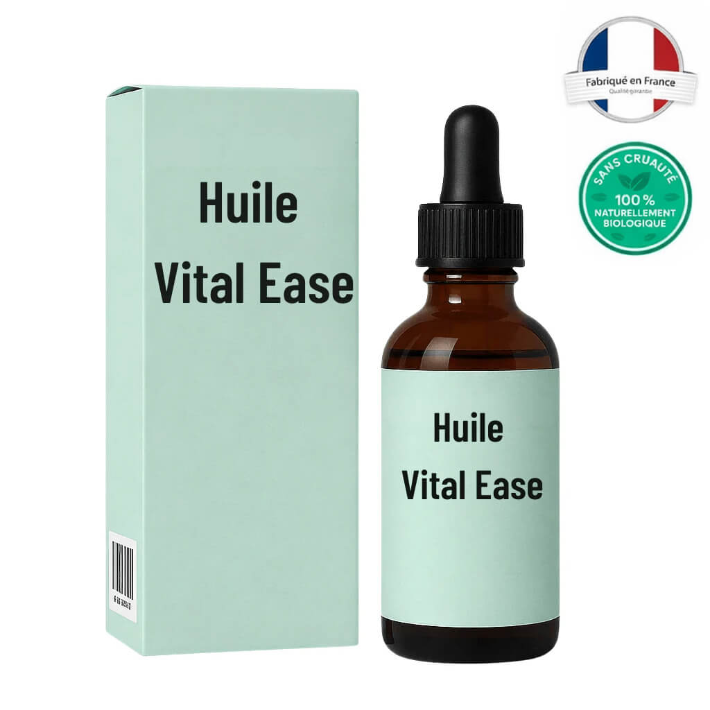 Flacon d'Huile Vital Ease avec emballage, huile botanique légère pour soins de la peau.