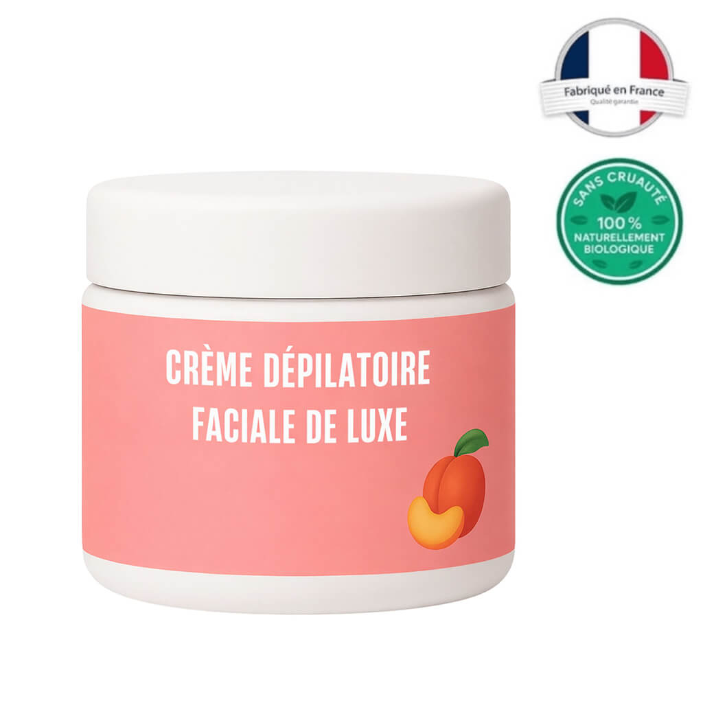 Crème Dépilatoire Faciale de Luxe pot pink packaging with fruit illustration for smooth skin care.