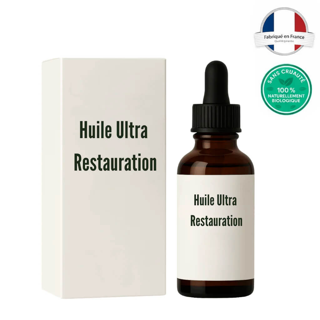 Flacon de Huile Ultra Restauration avec emballage, fabriqué en France, 100% naturel.