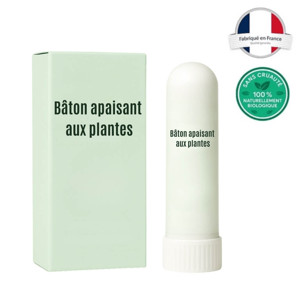 Bâton apaisant aux plantes avec emballage, produit de soin de la peau fabriqué en France.