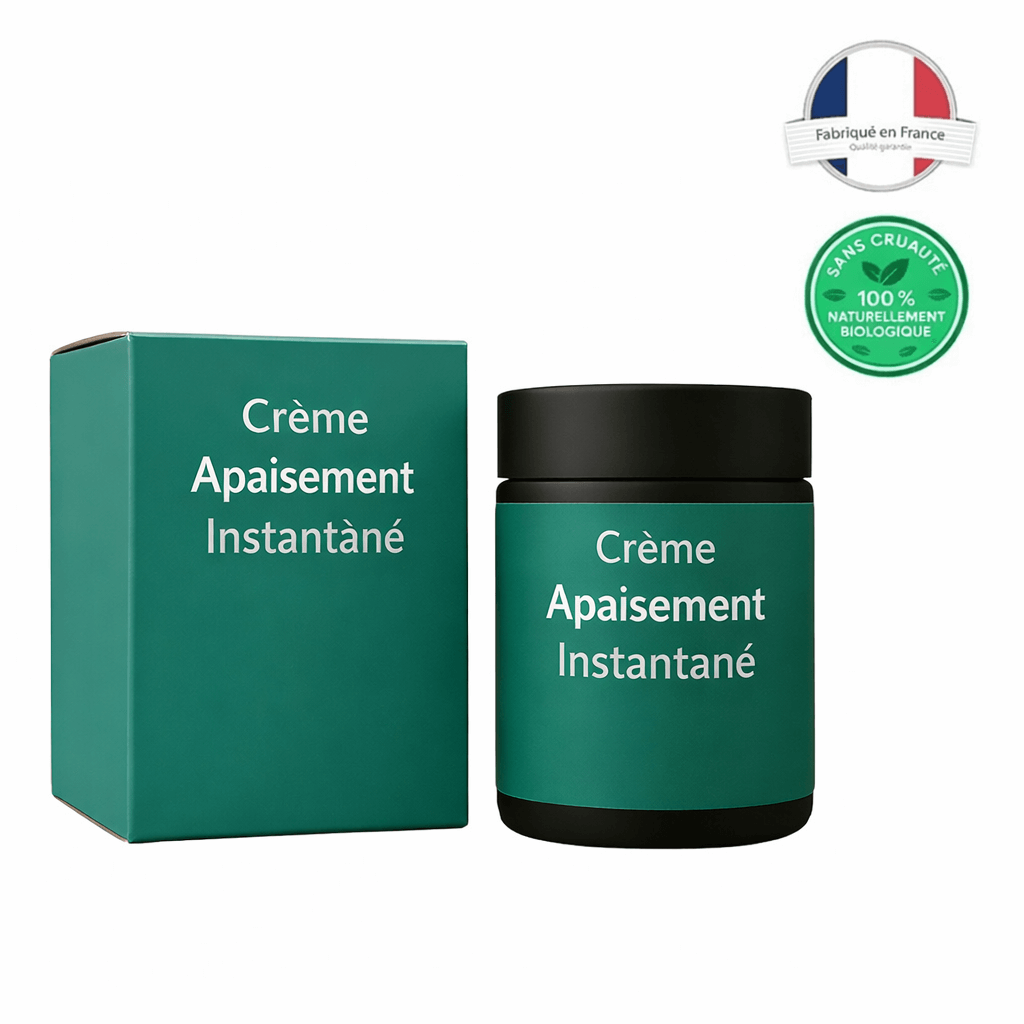 Crème Apaisement Instantané en pot noir avec emballage vert, fabriquée en France, soin apaisant pour la peau.