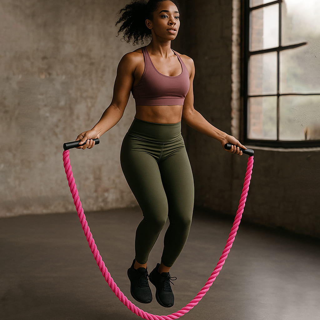 Woman jumping with Autera PulseRope, enhancing strength and endurance in a gym setting.