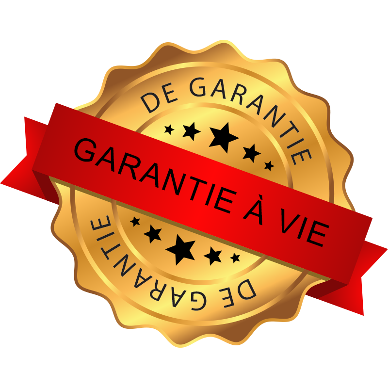Golden seal with red ribbon showcasing "Garantie à Vie" for lifetime guarantee assurance.