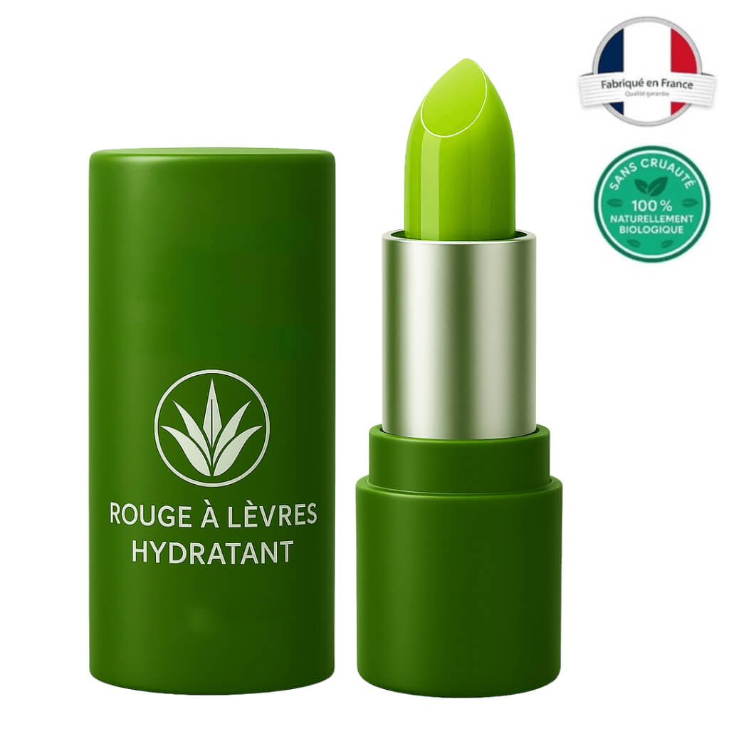 Rouge à lèvres aux plantes hydratant dans un tube vert, fabriqué en France, avec un fini crémeux.