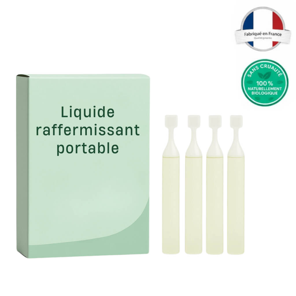 Liquide raffermissant portable - boîte et fioles d'huile botanique de beauté fabriquées en France.