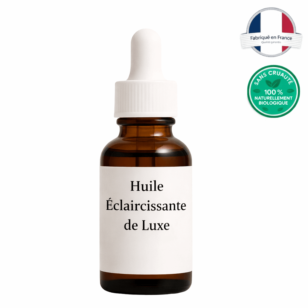 Flacon d'Huile Éclaircissante de Luxe avec pipette, fabriquée en France, 100% naturellement biologique.