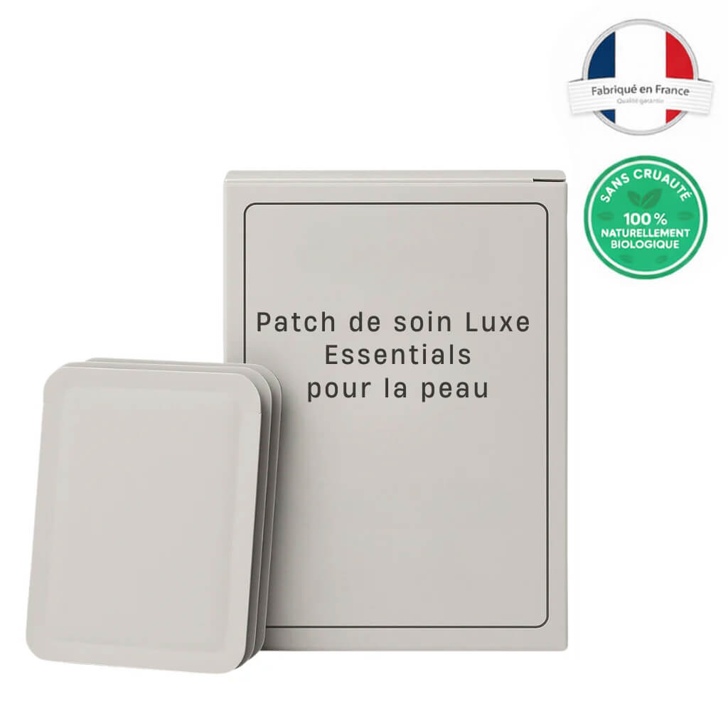 Patch de soin Luxe Essentials pour la peau avec emballage, fabriqué en France et 100% naturellement biologique.