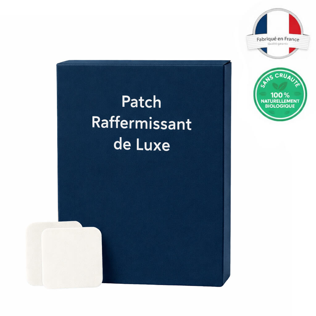 Patch Raffermissant de Luxe pack with white patches and eco-certifications, highlighting soothing skin care.