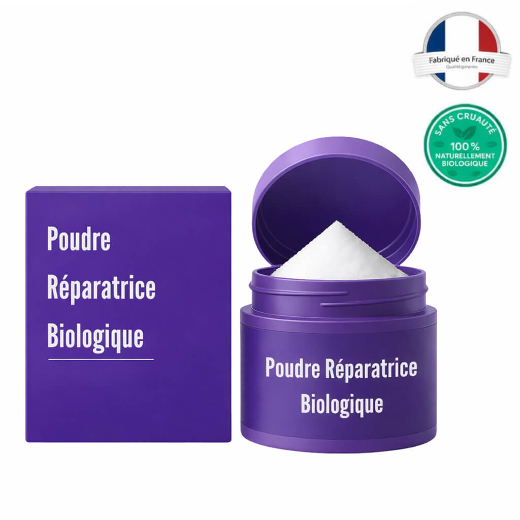 Poudre Réparatrice Biologique dans un emballage violet, conçu pour revitaliser et sublimer l'éclat naturel de la peau.