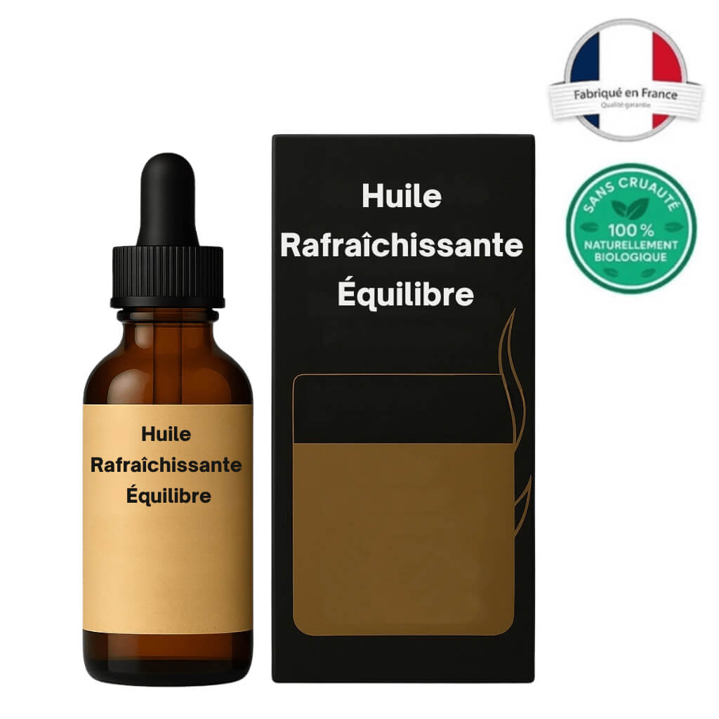 Huile Refroidissante Équilibre bouteille et emballage, soin léger pour routine beauté quotidienne.