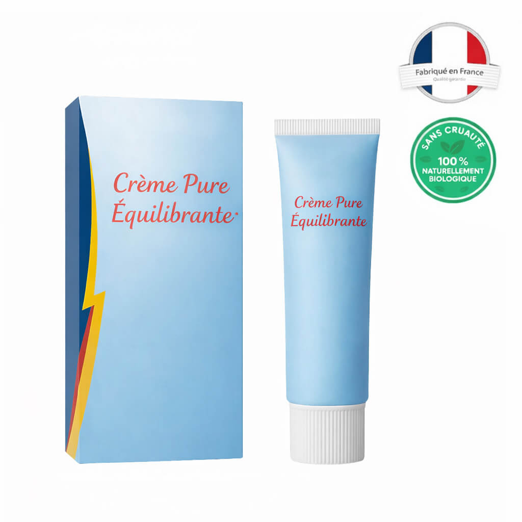 Crème Pure Équilibrante tube et boîte, crème hydratante douce pour routine beauté quotidienne.