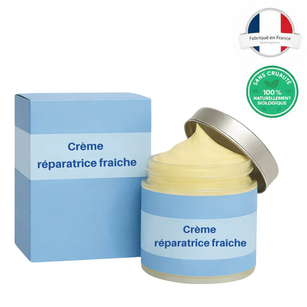 Crème réparatrice fraîche dans un pot avec emballage bleu, fabriquée en France.