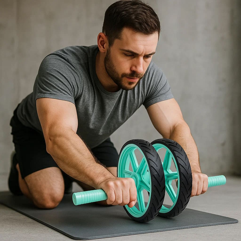Man using Autera AbRoule abdominal wheel on a mat for core workout, showcasing stability and control in fitness training.
