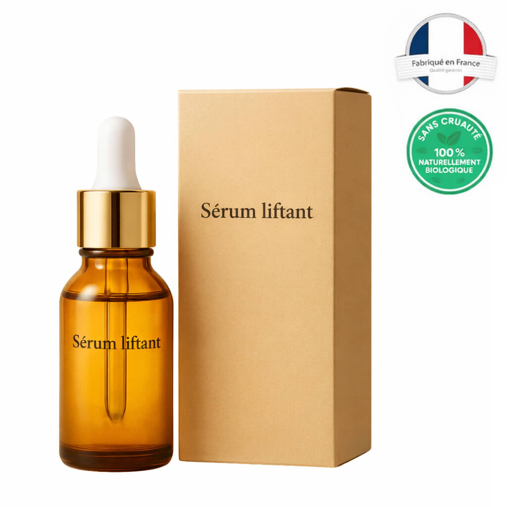 Sérum liftant dans un flacon en verre avec un packaging en carton, conçu pour sublimer votre routine de soin.