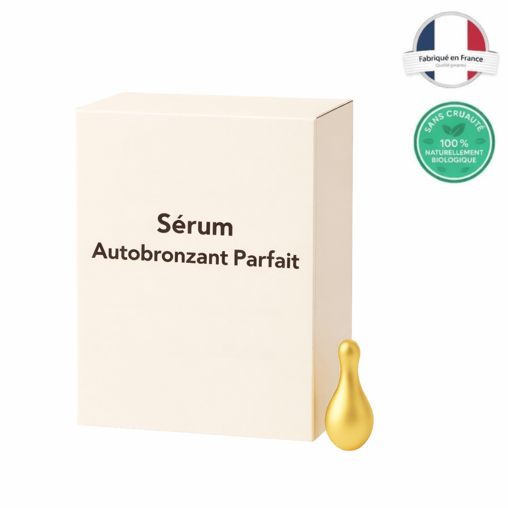 Sérum Autobronzant Parfait packaging with golden drop, highlighting natural glow for radiant skin.