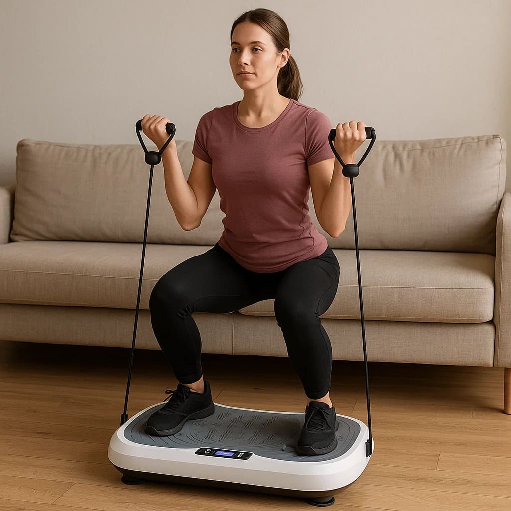 Woman using Autera ZenShake platform for a workout at home, demonstrating strength and fitness.