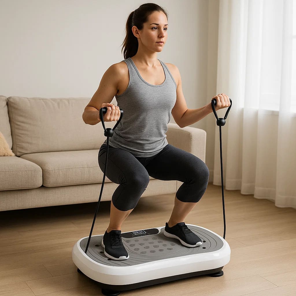 Person using Autera ZenShake for a vibrant workout at home on a compact vibration platform.