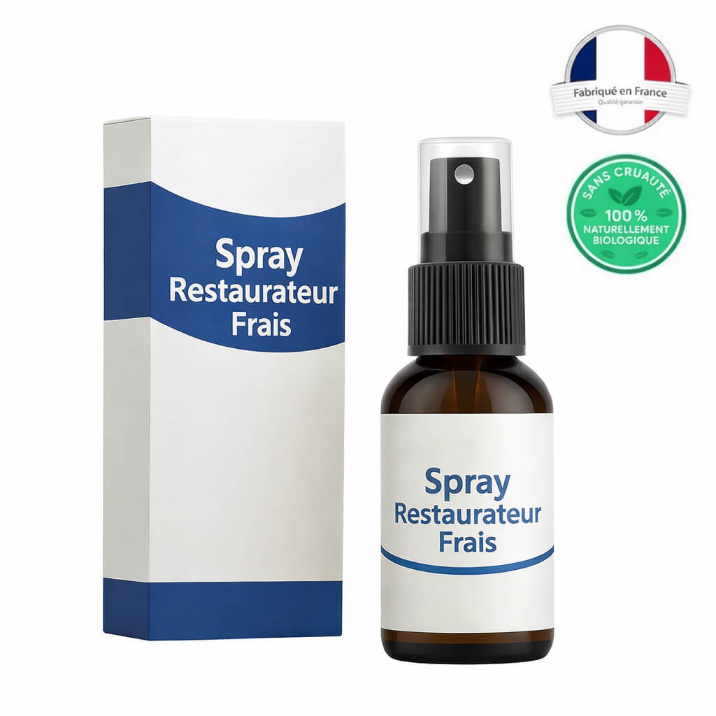 Spray Restaurateur Frais dans flacon avec emballage, soin beauté léger et naturel.