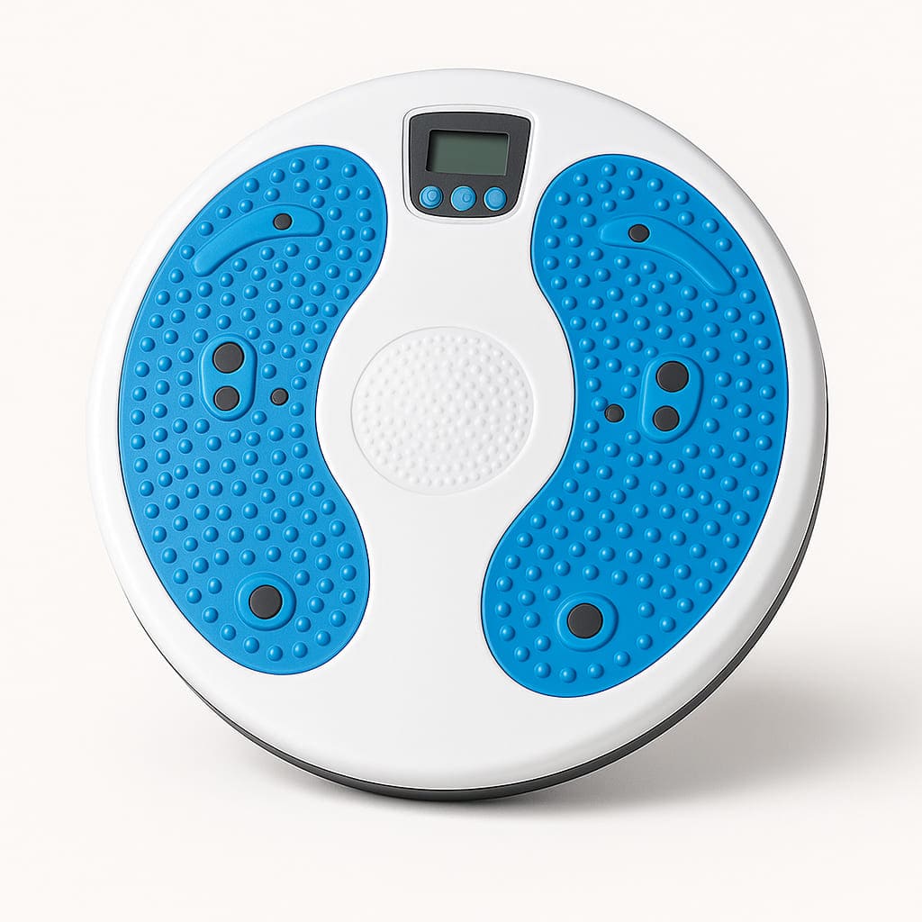 Autera ÉquiTwist balance trainer with blue textured footpads for core strengthening and fat burning workouts at home.