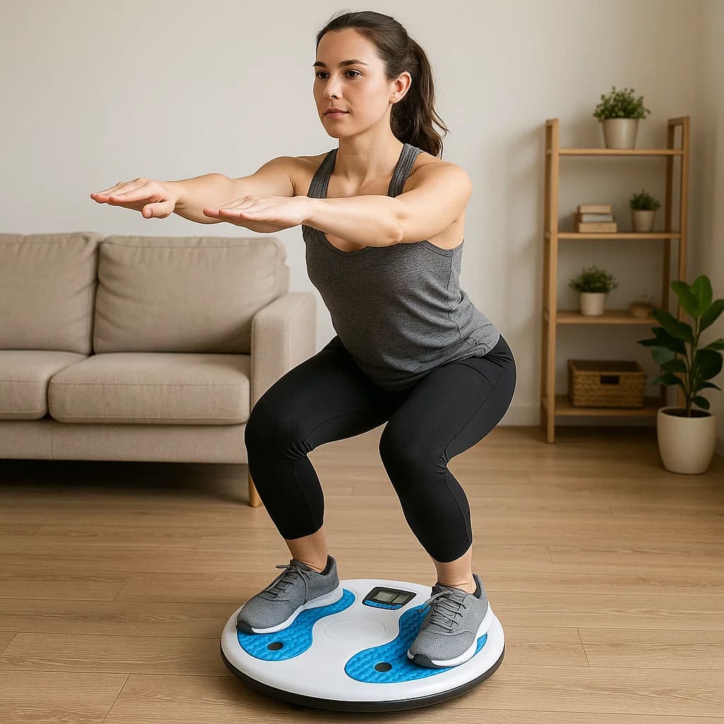 Woman exercising on Autera ÉquiTwist balance trainer for core fitness and mobility at home.