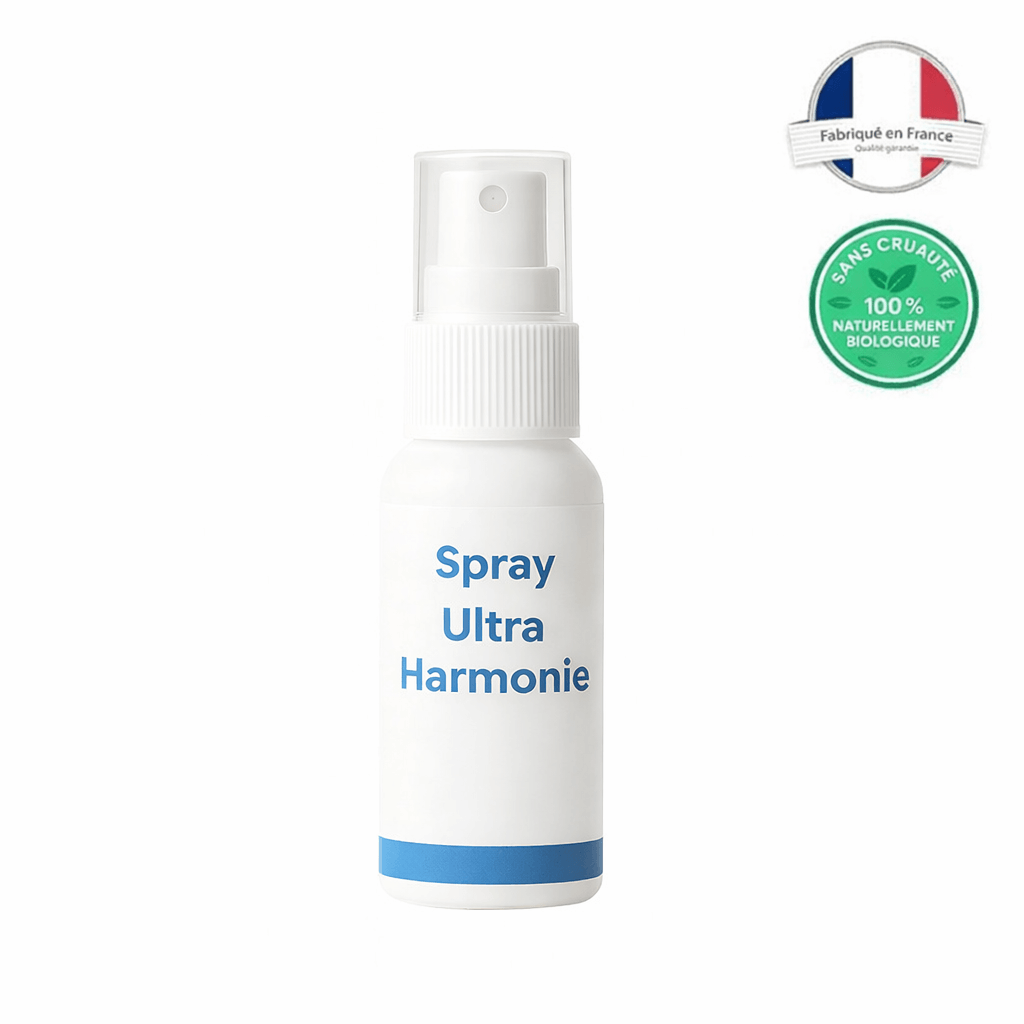 Spray Ultra Harmonie, soin léger pour une fraîcheur et un confort immédiats, emballage blanc avec texte bleu.