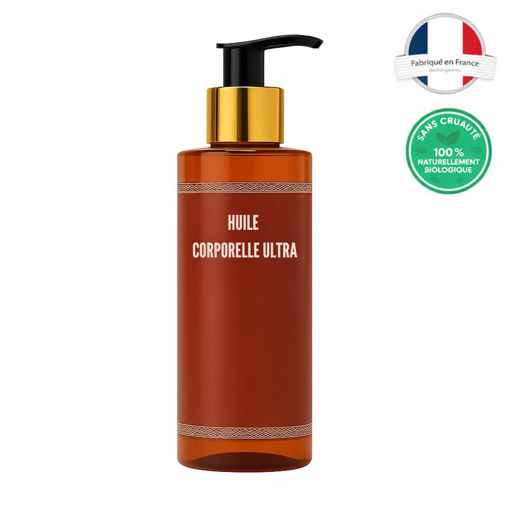 Flacon de Huile corporelle ultra, un soin hydratant luxueux pour la peau, fabriqué en France.